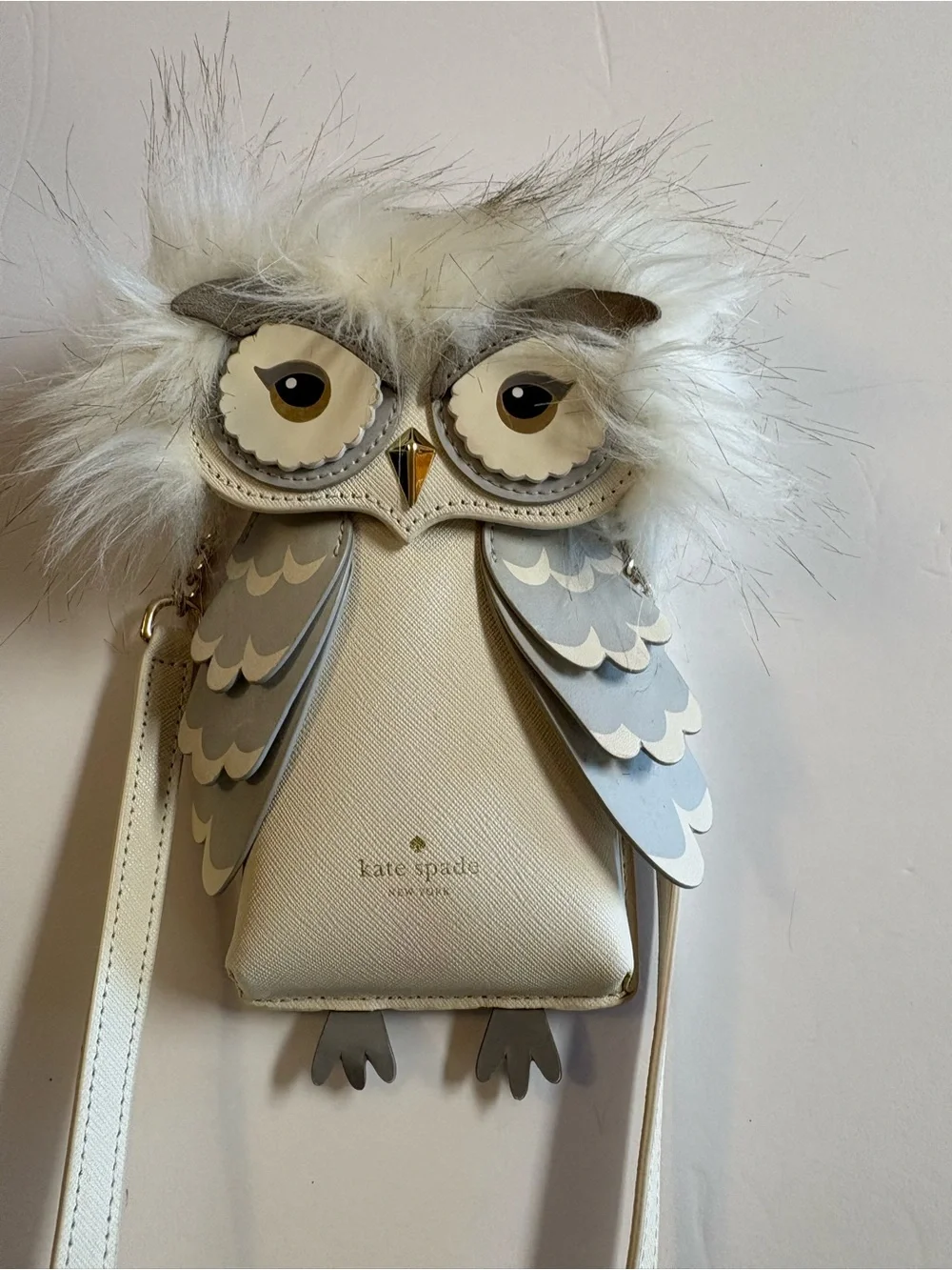 Kate Spade Cream and Gray Owl Crossbody Purse with Fur Trim